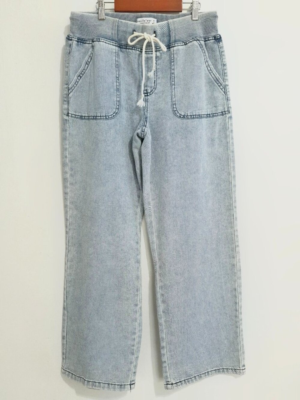 Vanilla Star Women's Medium Light Wash Wide Leg Denim Jogger Pants Drawstring M